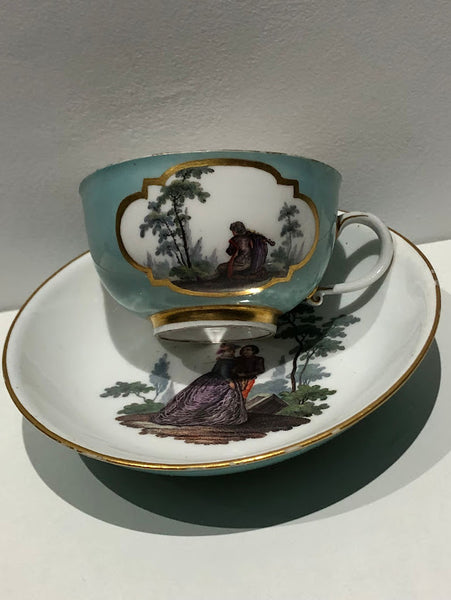 Meissen Turquoise Ground Cup & Saucer with Courting Couples, circa 1740 #2