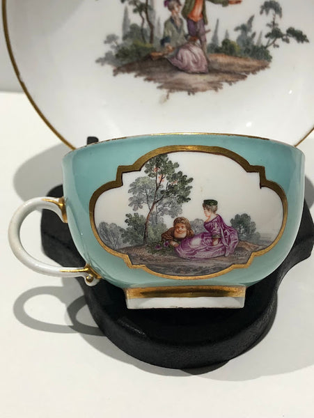 Meissen Turquoise Ground Cup & Saucer with Courting Couples, circa 1740 #3
