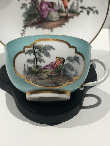Meissen Turquoise Ground Cup & Saucer with Courting Couples, circa 1740 #4