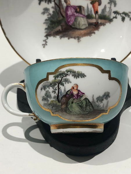 Meissen Turquoise Ground Cup & Saucer with Courting Couples, circa 1740 #4