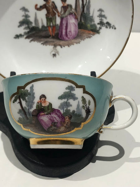 Meissen Turquoise Ground Cup & Saucer with Courting Couples, circa 1740 #5