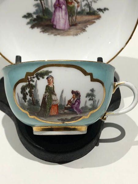 Meissen Turquoise Ground Cup & Saucer with Courting Couples, circa 1740 #6