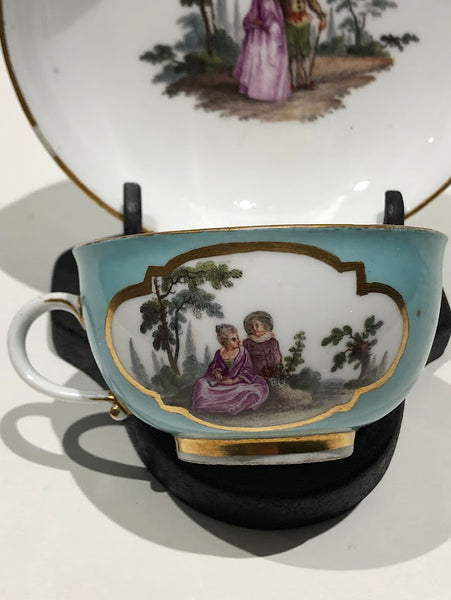 Meissen Turquoise Ground Cup & Saucer with Courting Couples, circa 1740 #6