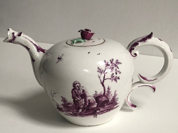 Höchst Porcelain Tea Pot with Tennier Scenes, Circa 1760