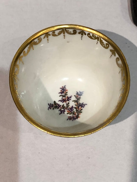 Meissen Porcelain Hausmaler Tea Bowl & Saucer with Landscape Scenes, circa 1740