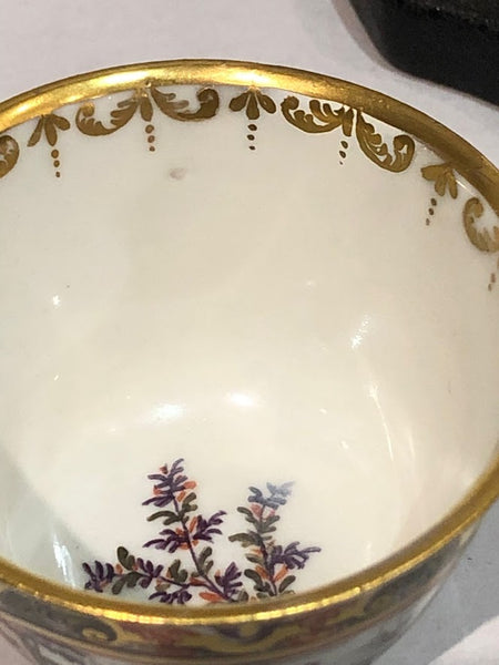 Meissen Porcelain Hausmaler Tea Bowl & Saucer with Landscape Scenes, circa 1740