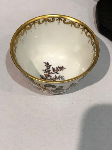 Meissen Porcelain Hausmaler Tea Bowl & Saucer with Landscape Scenes, circa 1740