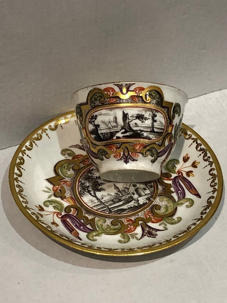Meissen Porcelain Hausmaler Tea Bowl & Saucer with Landscape Scenes, circa 1740