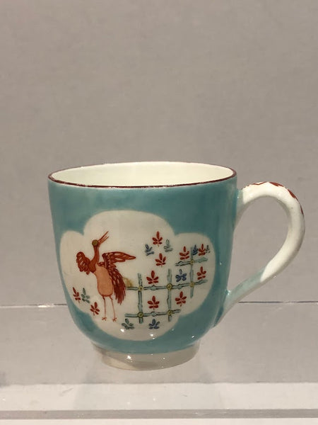 Derby Porcelain "New Dresden" Turquoise Cup with Cranes, Circa 1760