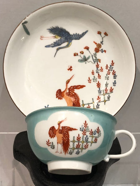 Meissen Porcelain Turquoise Lilac Cup & Saucer with Cranes 1740