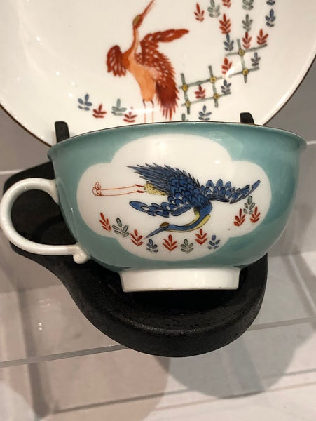 Meissen Porcelain Turquoise Lilac Cup & Saucer with Cranes 1740