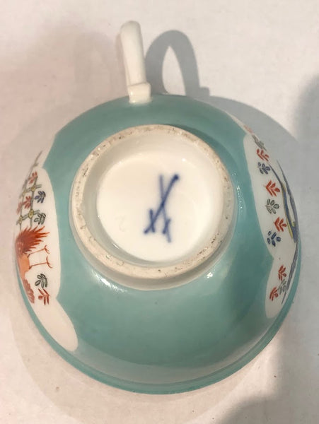 Meissen Porcelain Turquoise Lilac Cup & Saucer with Cranes 1740