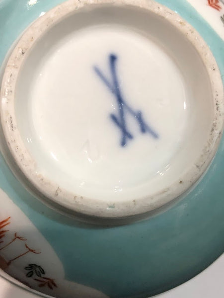 Meissen Porcelain Turquoise Lilac Cup & Saucer with Cranes 1740