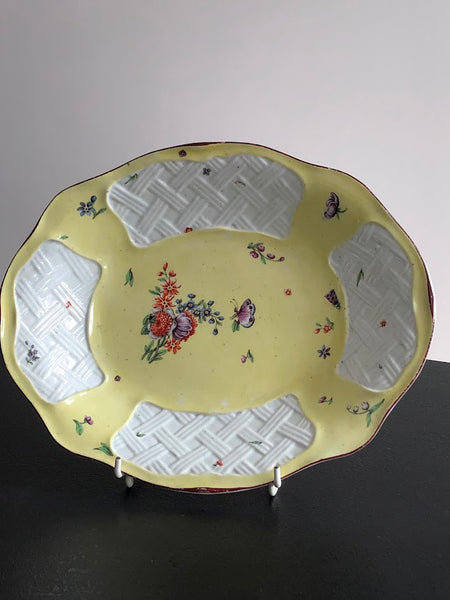 Chelsea Porcelain Yellow Ground Oval Dish with Bugs & Flowers, 1752-1755