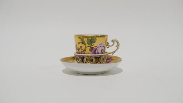 Meissen Porcelain, Gilt Trembleuse Cup &amp; Saucer with Large Flowers 1745-1750