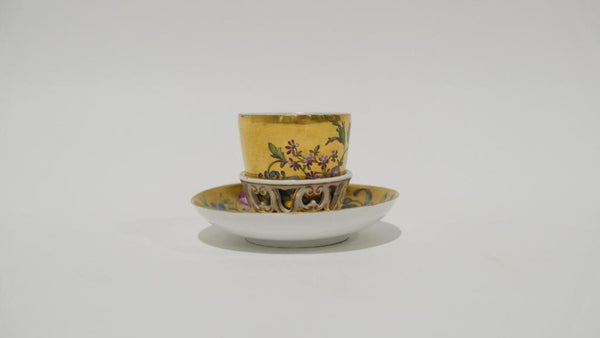 Meissen Porcelain, Gilt Trembleuse Cup &amp; Saucer with Large Flowers 1745-1750