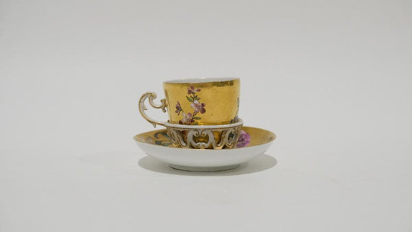 Meissen Porcelain, Gilt Trembleuse Cup &amp; Saucer with Large Flowers 1745-1750