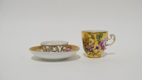 Meissen Porcelain, Gilt Trembleuse Cup &amp; Saucer with Large Flowers 1745-1750