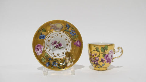 Meissen Porcelain, Gilt Trembleuse Cup &amp; Saucer with Large Flowers 1745-1750