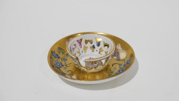 Meissen Porcelain, Gilt Trembleuse Cup &amp; Saucer with Large Flowers 1745-1750