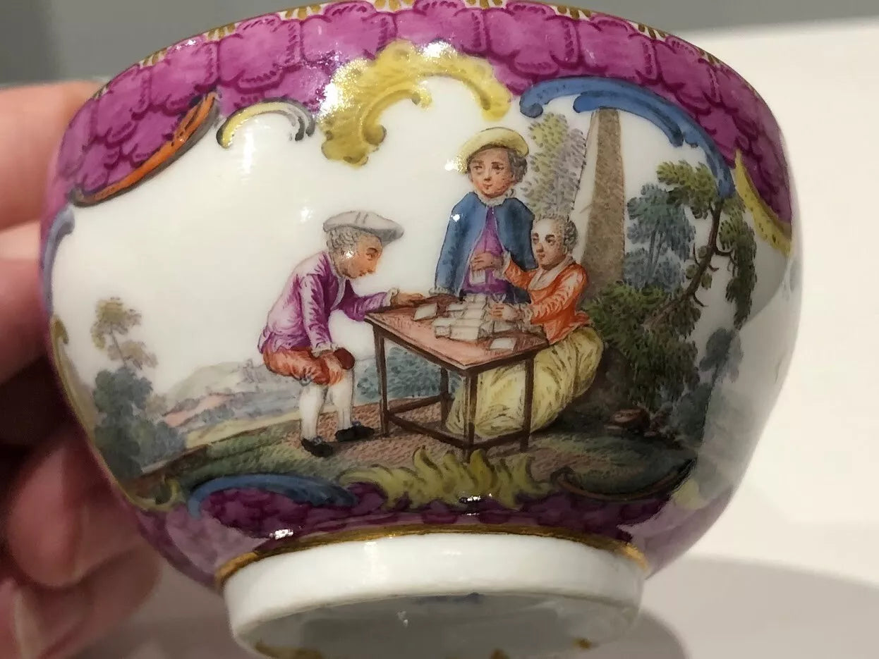 Meissen Porcelain Puce Scaled Cup & Saucer with Garden Scene, 1860