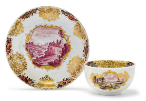 Meissen Scenic Hausmaler Tea Bowl & Saucer ca. 1750.