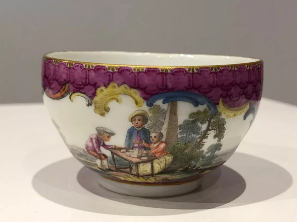 Meissen Porcelain Puce Scaled Cup & Saucer with Garden Scene, 1860