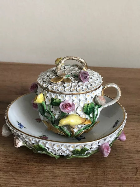 Meissen Porcelain, Schneeballen Cup & Saucer 19th C