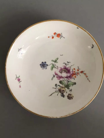 Hochst Porcelain Floral Saucer ca. 1760, Red Wheel Mark