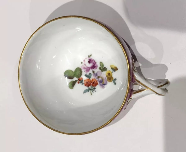 Meissen Porcelain Puce Scaled Cup & Saucer with Garden Scene, 1860