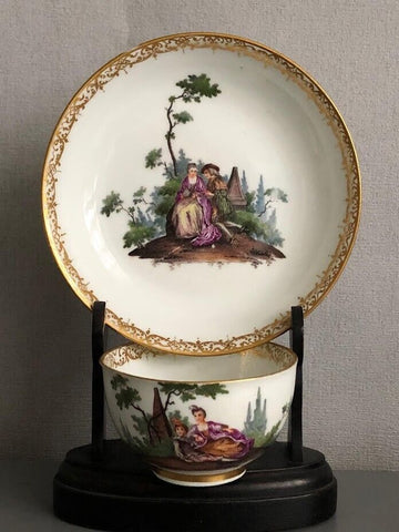 Meissen Porcelain Watteau Scene Cup & Saucer 1745