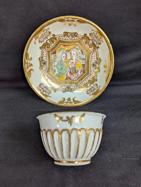 Meissen Porcelain Hausmaler Tea Bowl & Saucer circa 1725, matching Drehers Marks