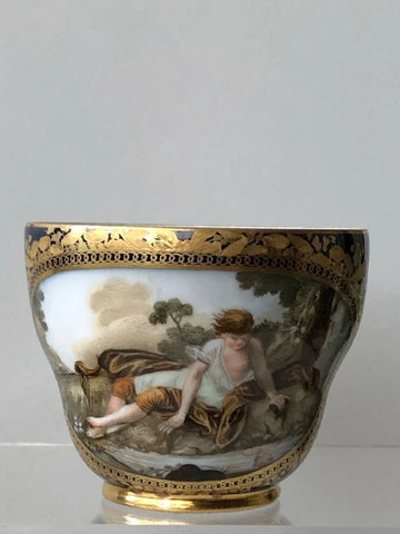 Meissen Porcelain Cobalt Blue Cup with Scene of a Boy by Riverside, 1774
