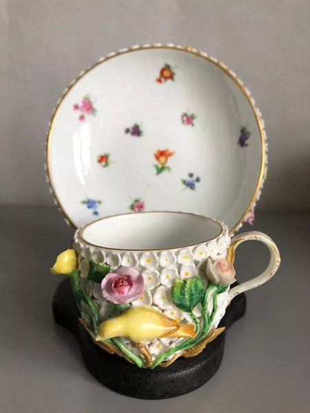 Meissen Porcelain, Schneeballen Cup & Saucer 19th C