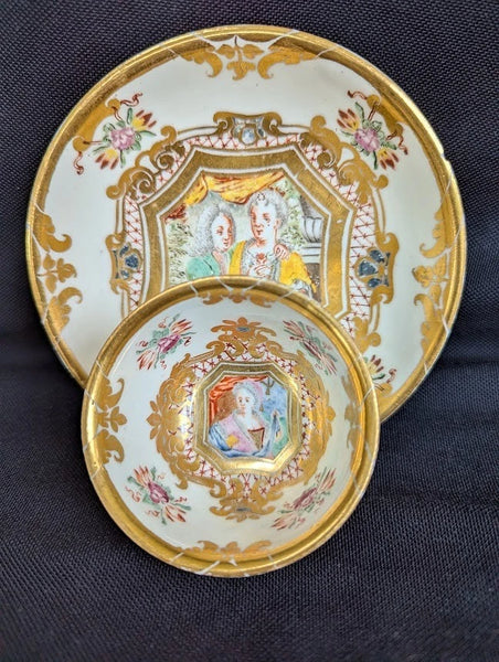 Meissen Porcelain Hausmaler Tea Bowl & Saucer circa 1725, matching Drehers Marks