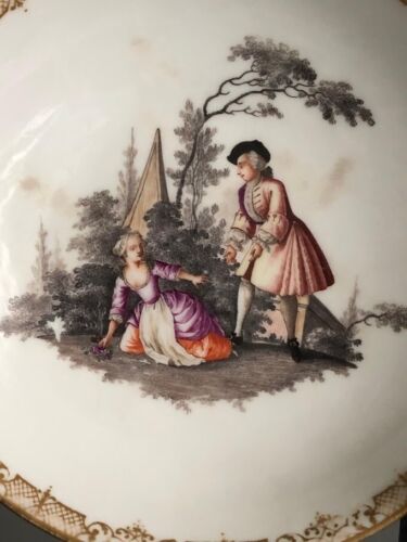 Meissen Porcelain Saucer with Watteau Scene, Klinger Bugs & Flowers, 1740-1745