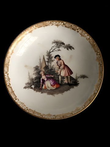 Meissen Porcelain Saucer with Watteau Scene, Klinger Bugs & Flowers, 1740-1745