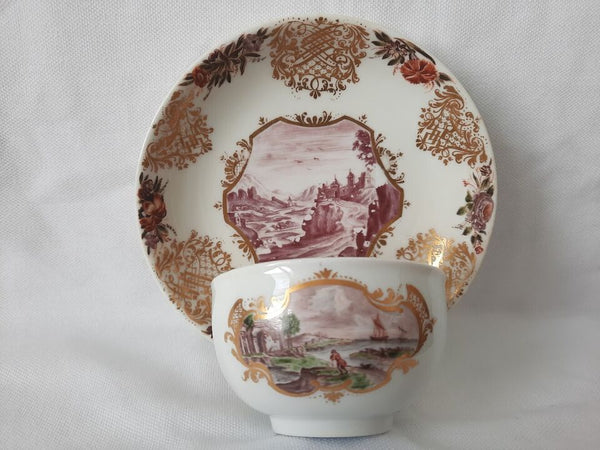 Meissen Scenic Hausmaler Tea Bowl & Saucer ca. 1750.