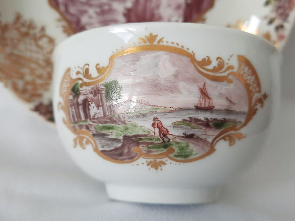 Meissen Scenic Hausmaler Tea Bowl & Saucer ca. 1750.