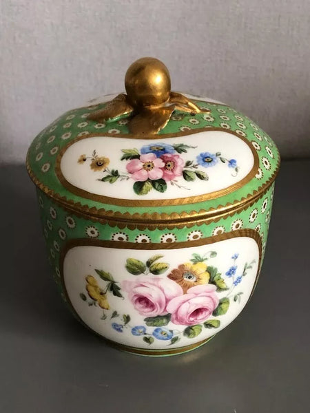 SEVRES PORCELAIN STYLE GREEN AND OEIL DE PERDRIX GROUND SUCRIER