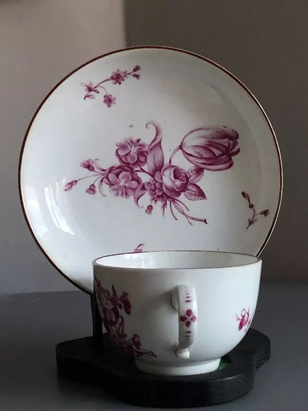 Hochst Porcelain, Puce Floral Cup & Saucer. 1770