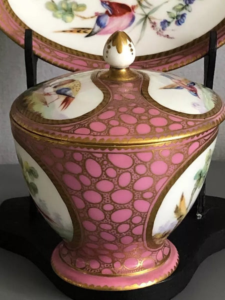 SEVRES STYLE PINK AND CAILLOUTE GROUND POT, COVER AND STAND.