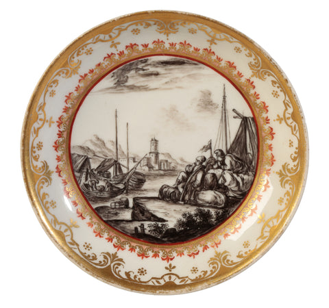 Meissen Porcelain Kauffahrtei Scene  Schwarzlot Saucer Drehers Mark Early 18thc