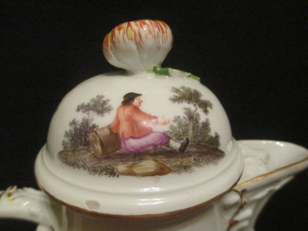 Cafetière en porcelaine Meissen avec scènes Tennier, marque Drehers très début des années 1700 