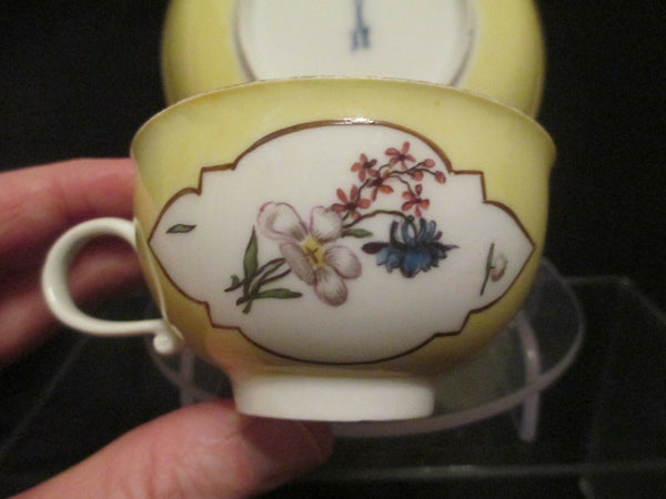 Meissen Porcelain Yellow Ground Woodcut Floral, Tea Cup & Saucer  1740