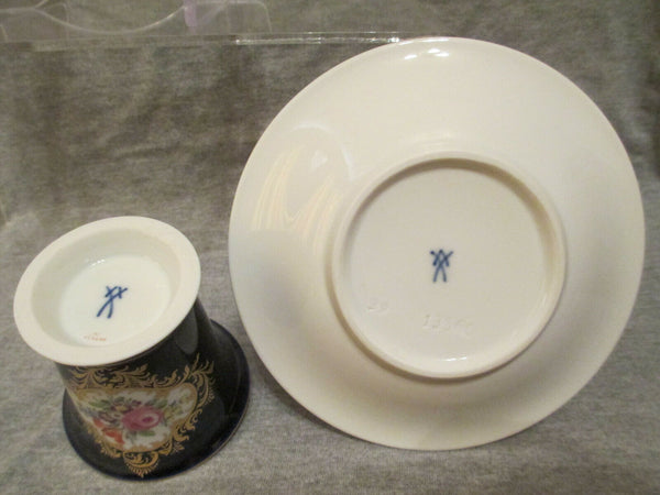 Meissen Porcelain Cobalt Floral Coffee Cup & Saucer with Swan Neck