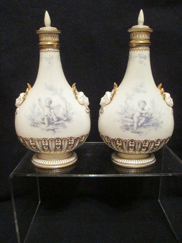 Minton Porcelain Scent Bottles with Putti Set in Woodland 19th C