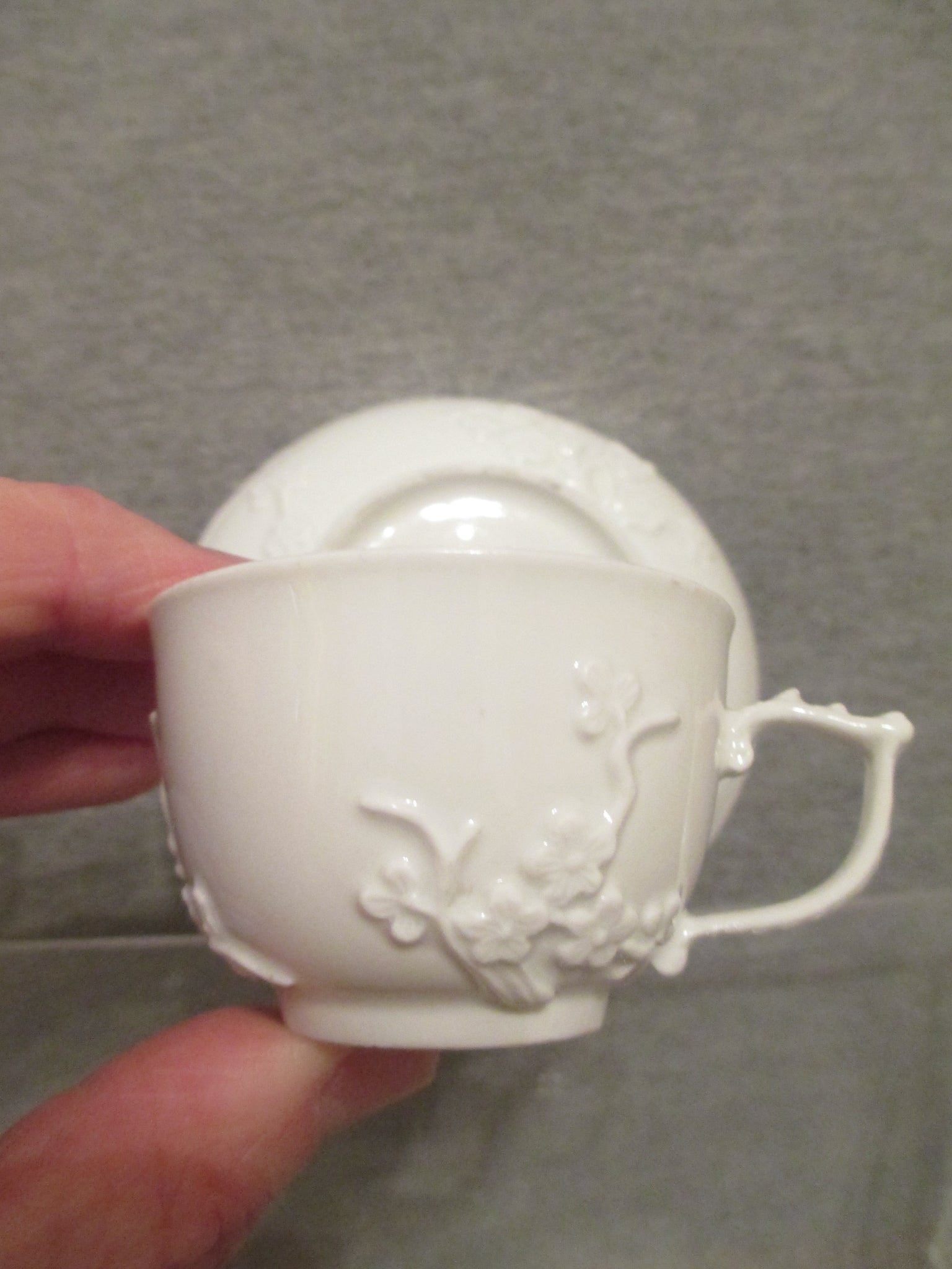 Meissen Porcelain (childs) Blanc de Chine, Prunus Blossom Cup & Saucer 1740's