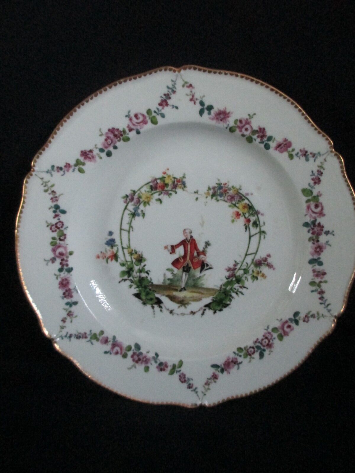 Assiette plate en porcelaine de Meissen avec des guirlandes florales et un Dandy Gent 1740 