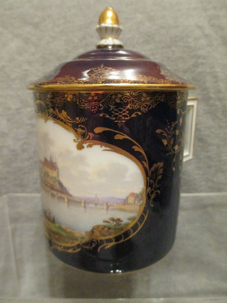 Meissen Porcelain Cobalt Lidded Coffee Can (scene of Meissen) 1780